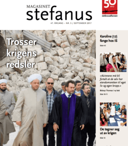 Forside av Magasinet Stefanus, en pastor og muslimske ledere i ruiner i Aleppo i Syria. Magasinet Stefanus er utgitt av Stefanusalliansen.