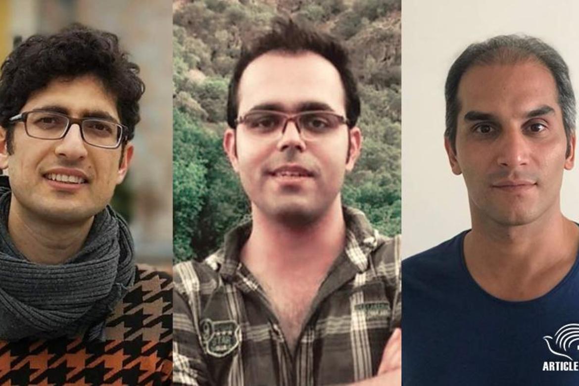 Kavian Fallah-Mohammadi, Amin Afshar-Naderi og Hadi Asgari (fra venstre mot høgre) er dømt til i alt 35 års fengsel. Nå er de ute av Iran.