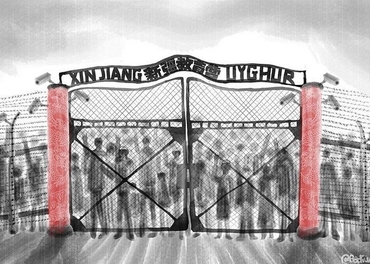 Kunstnaren Badiucao, som sjølv har flykta frå Kina, har teikna ein konsentrasjonsleir for uigurar i Xinjiang-provinsen.